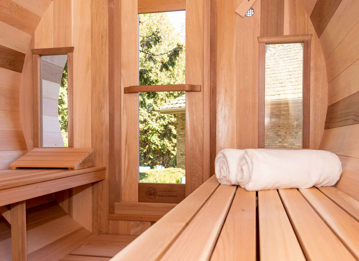 interior of a leisurecraft barrel sauna